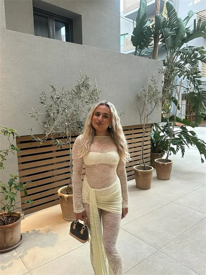 Vionara Lace Sheer Jumpsuit with Draped Wrap Detail – Long Sleeve Mesh Eveningwear for Party & Occasion Outfits