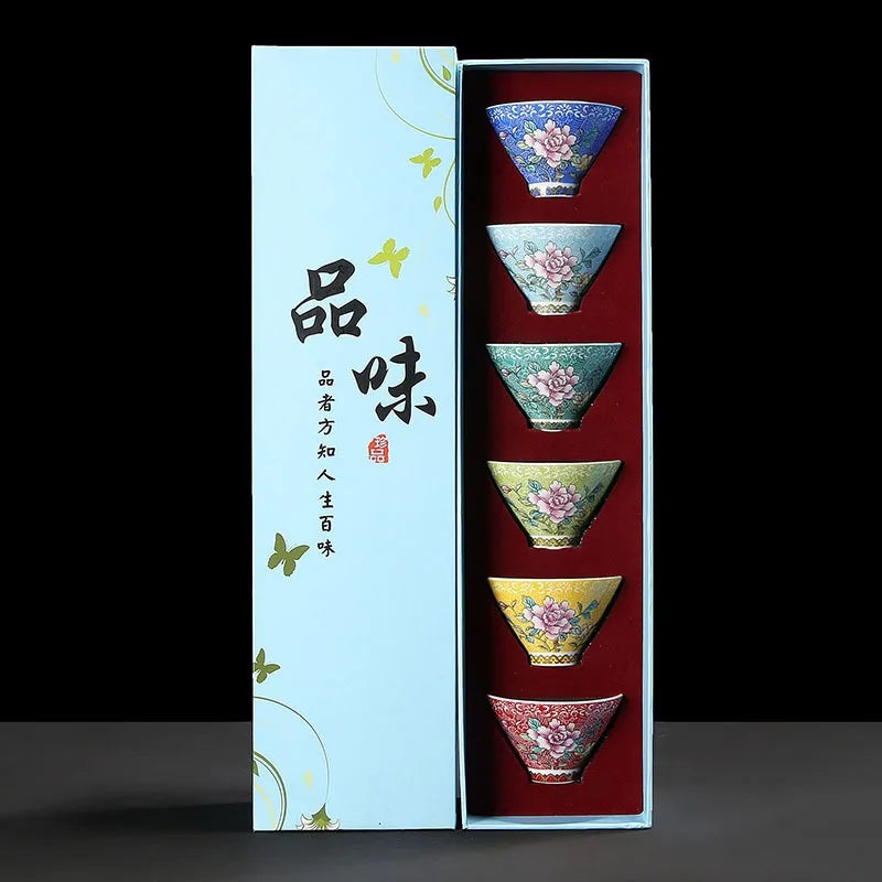 Hanamori Floral Ceramic Tea Bowl Gift Set – 6 Piece Small Tea Cups with Flower Design Gift Box Tea Set