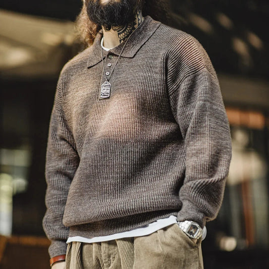 Caelen Knitted Long Sleeve Collared Sweater – Ribbed Textured Knit Jumper in Coffee Brown