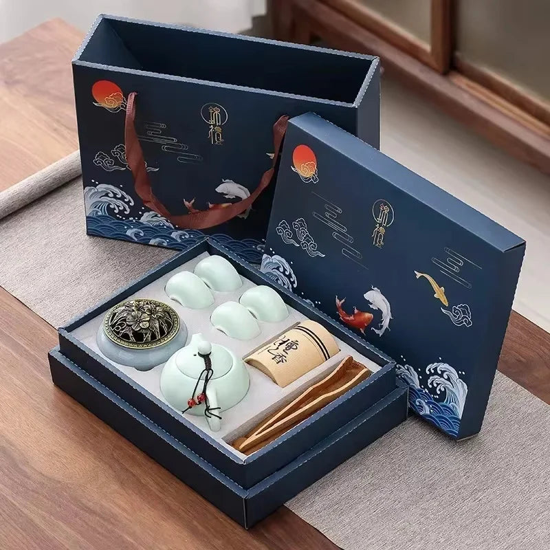 Ceramic Tea Set Gift Box with Teapot & Cups – Portable Travel Tea Brewing Kit