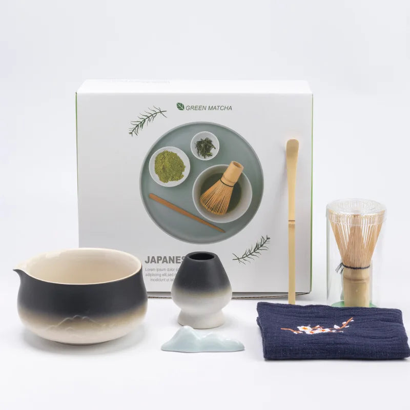 Fuji Mist Japanese Matcha Tea Set – 5, 6 & 7 Piece Ceramic Matcha Bowl & Whisk Kit for Traditional Matcha Making
