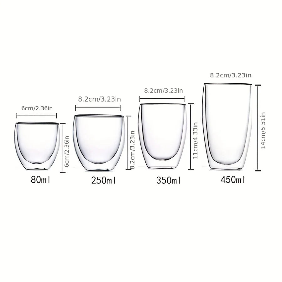 Double Glass Wall Heat Insulated Cup - Tea, Coffee, Espresso Glass Set - Various Sizes