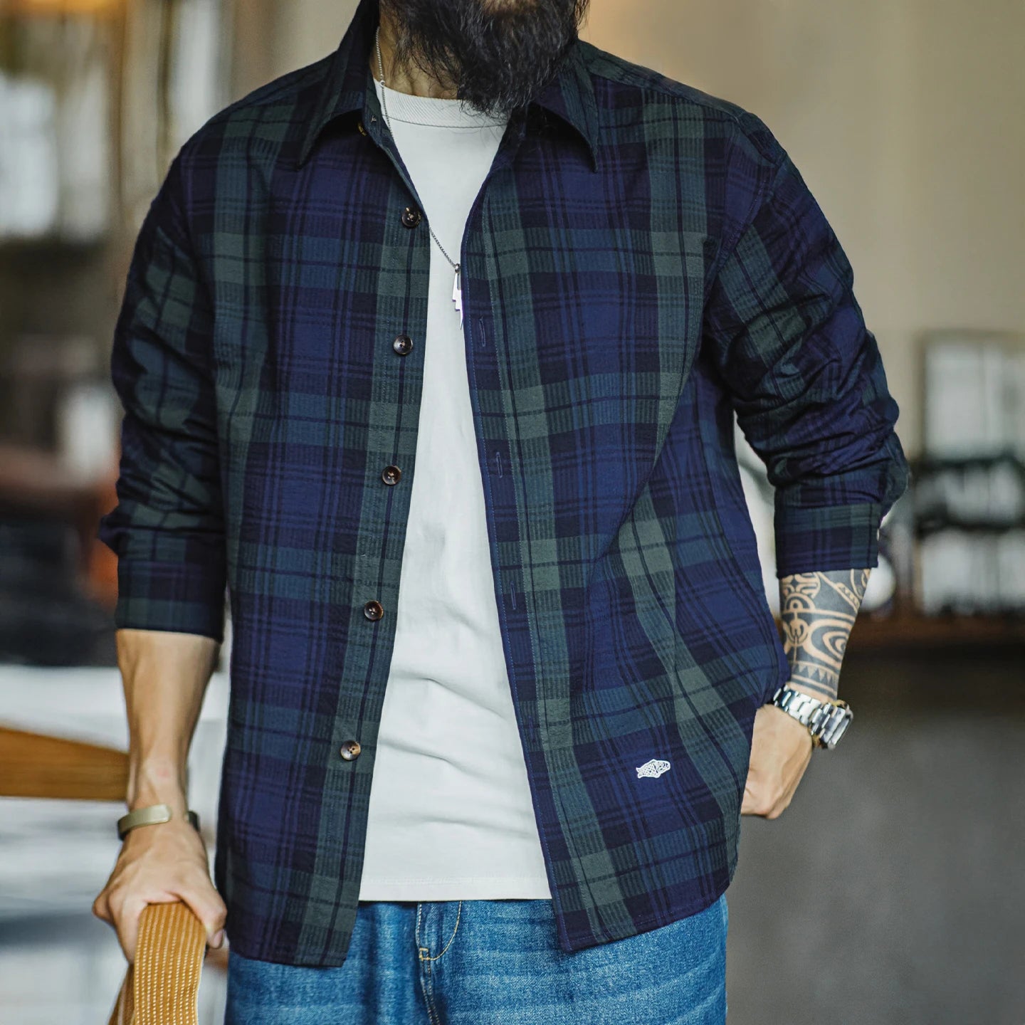 Denham Men’s Tartan Plaid Button-Up Shirt – Navy & Forest Green Long Sleeve Casual Check Shirt with Turn-Down Collar