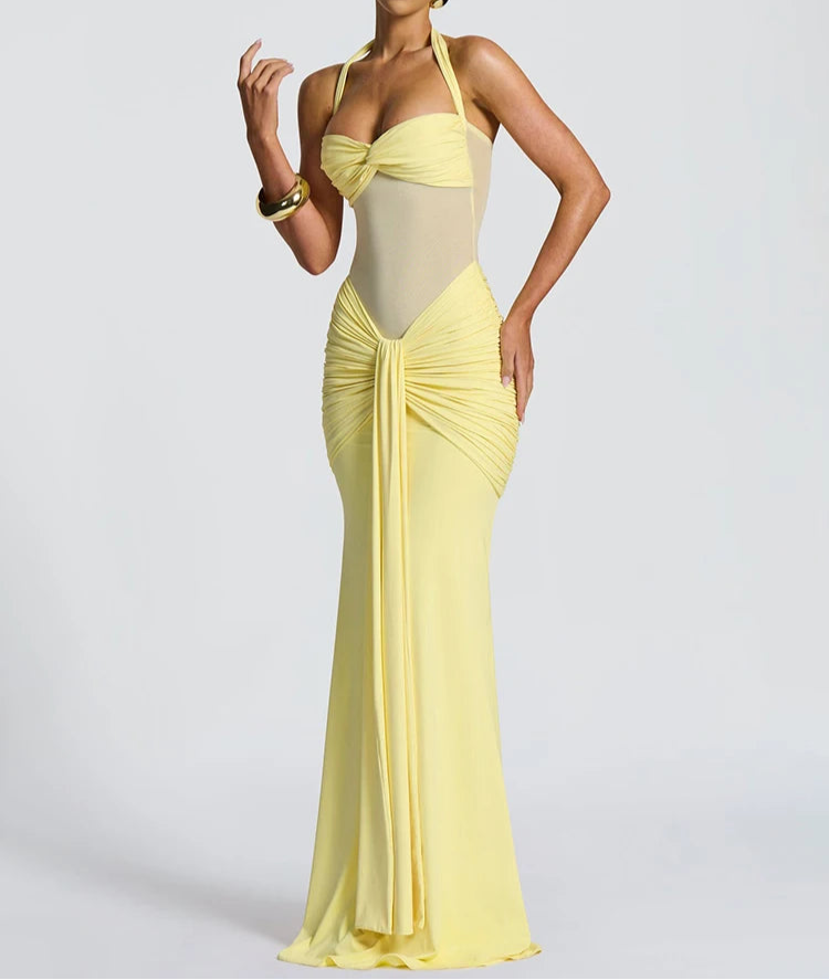 Syrene Halter Ruched Bodycon Maxi Dress – Sculpting Evening Gown for Weddings, Events & Parties