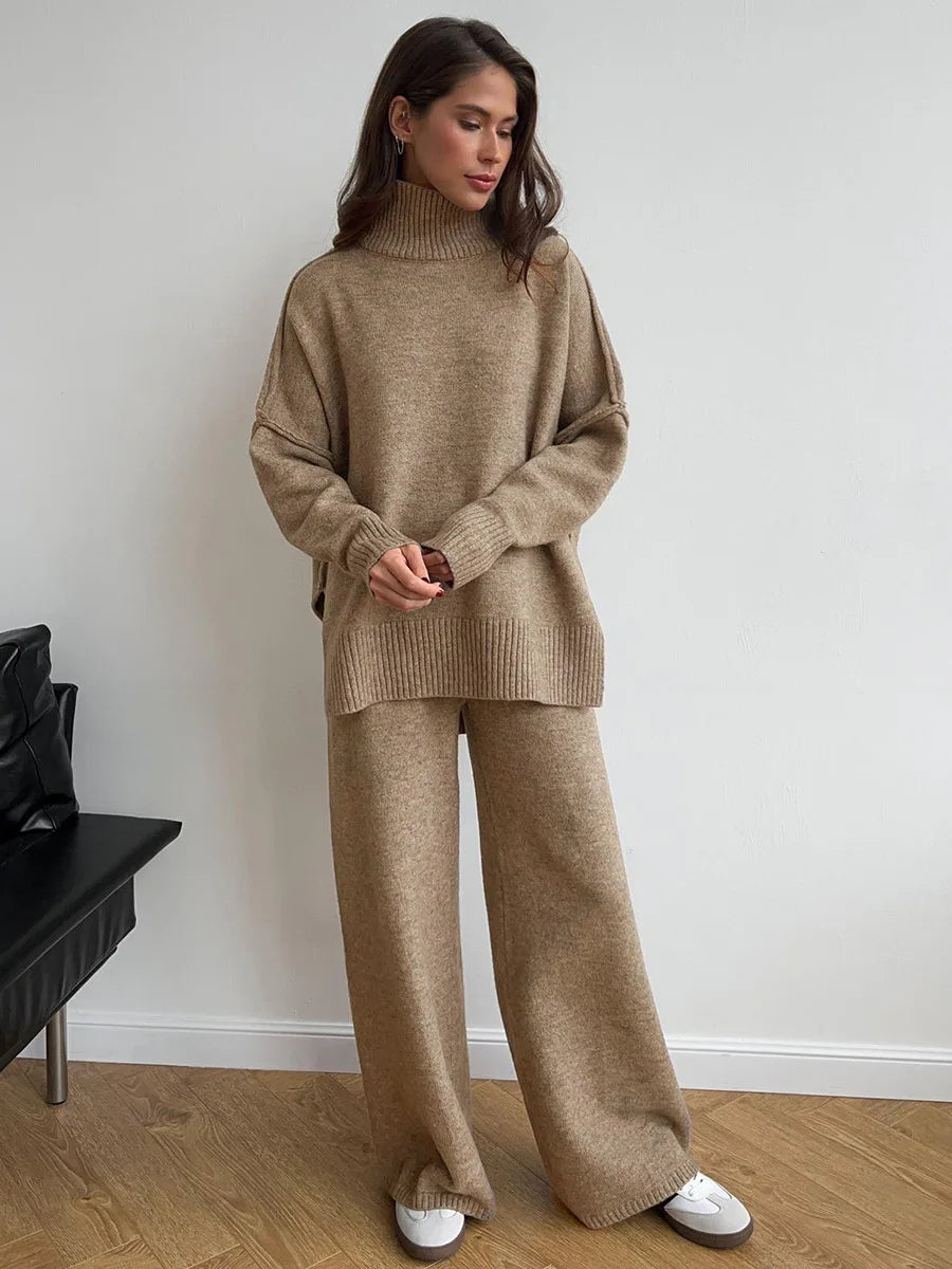 Taupe Knit Two-Piece Loungewear Set – High-Neck Jumper and Wide-Leg Trousers