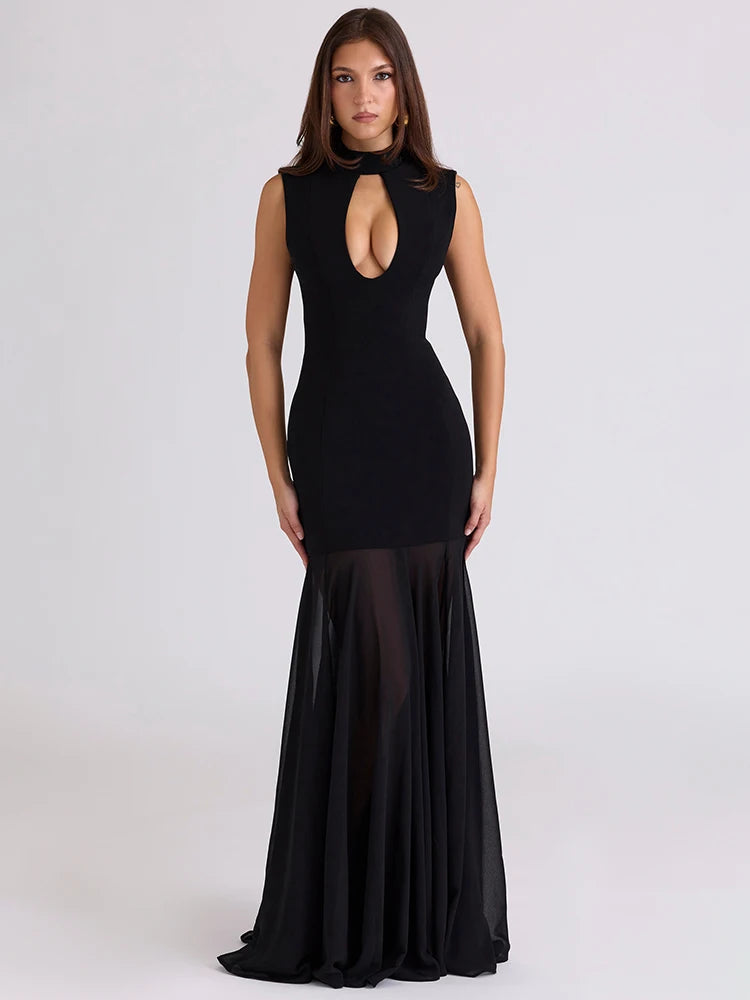 Averine High Neck Cut-Out Maxi Dress – Sleeveless Evening Gown with Sheer Fishtail Hem for Partywear & Wedding Guests