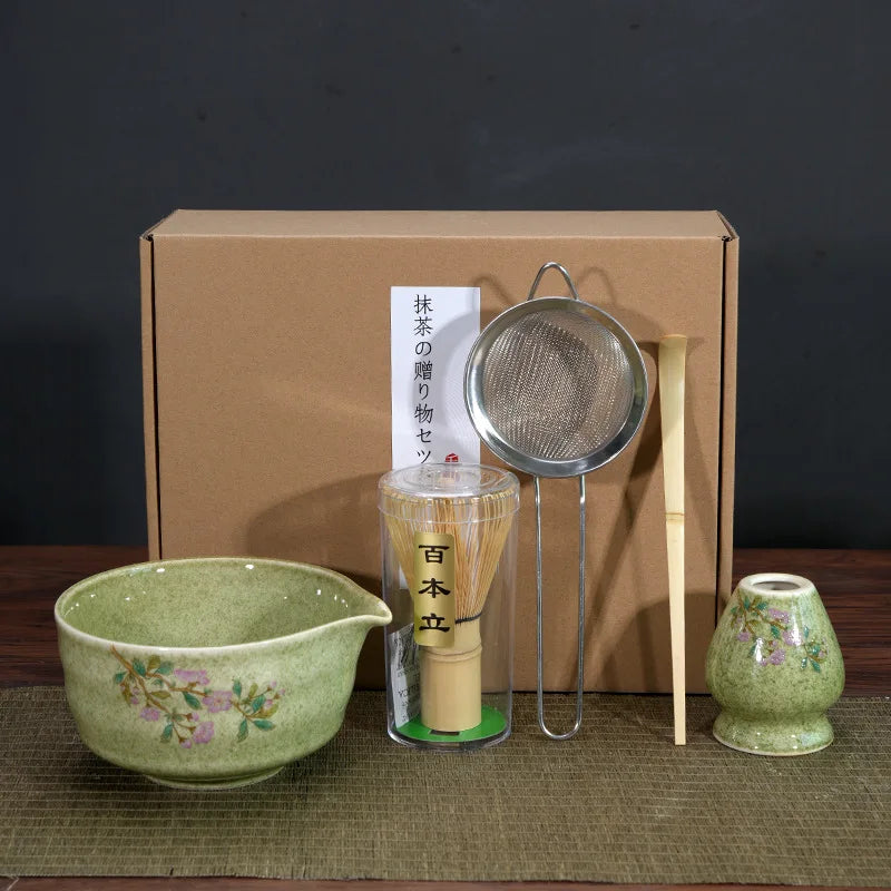 Traditional Japanese Matcha Tea Set – 5 Piece Sakura Matcha Bowl, Whisk, Scoop, Sieve & Holder Gift Kit