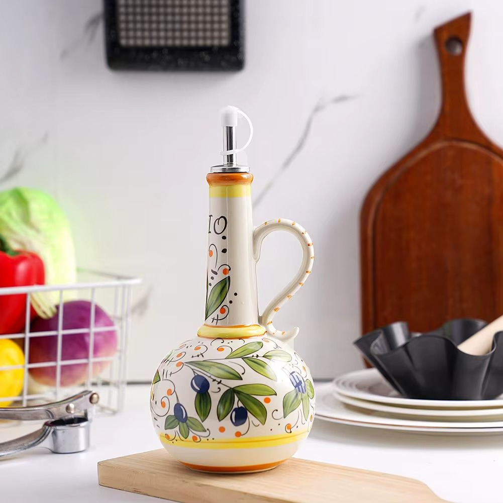 Sorrento Ceramic Olive Oil or Vinegar Bottle – Hand-Painted Mediterranean Lemon Cruet with Pourer