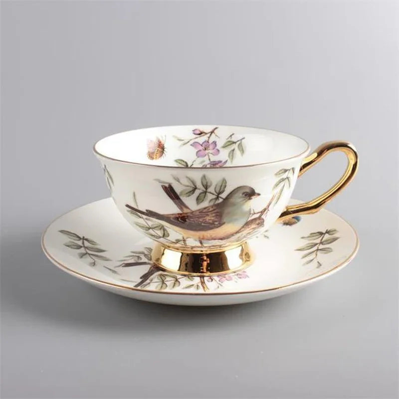 Botanical Bird Cup and Saucer Set – Hand Painted Ceramic Tea Set