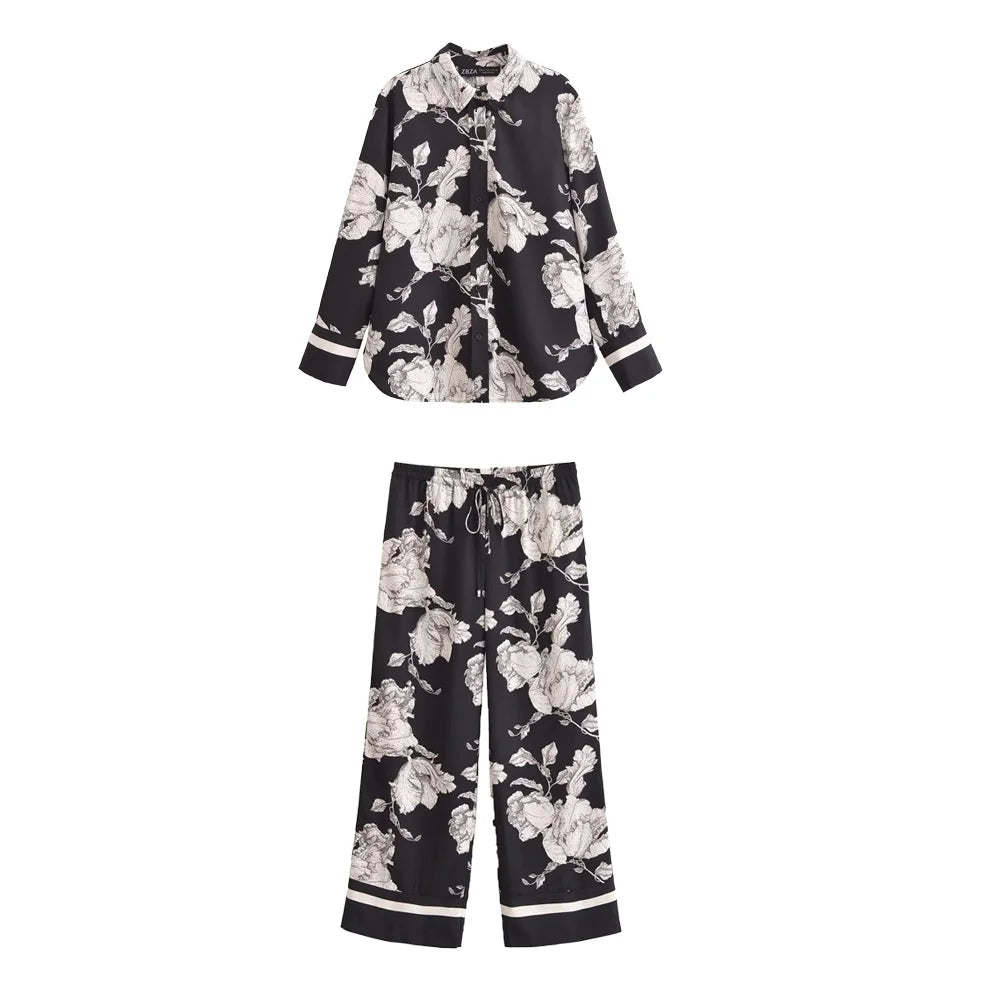 Callista Printed Co-Ord Set – Button-Up Shirt and Wide-Leg Trousers in Black or Green