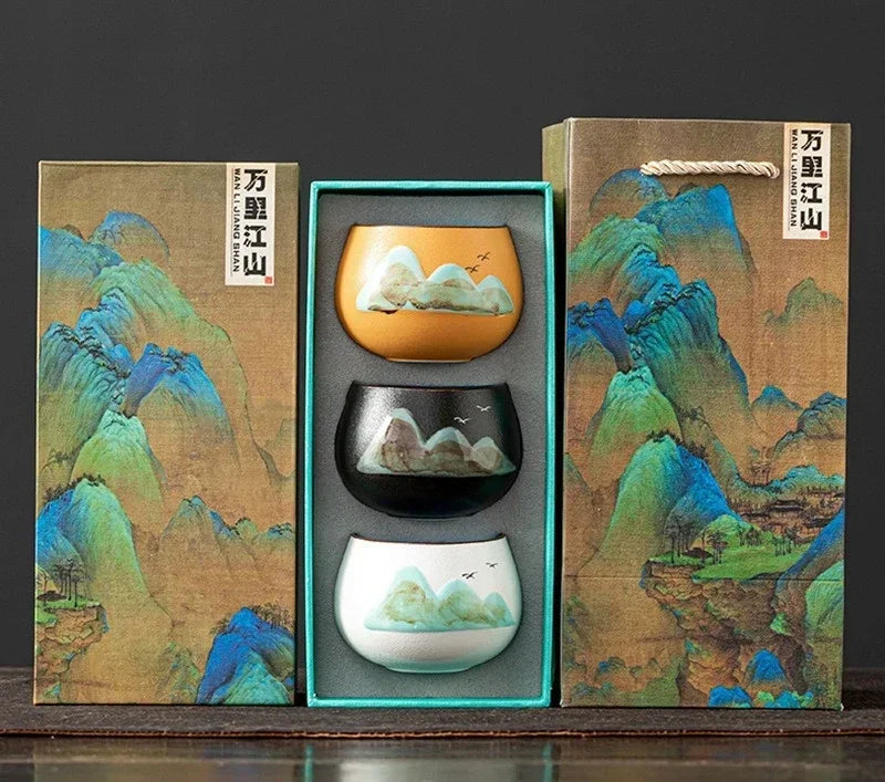 Takumi Mountain Ceramic Tea Cup Gift Set – 3 Piece Small Tea Cups with Gift Box for Espresso, Coffee and Tea Serving Tableware