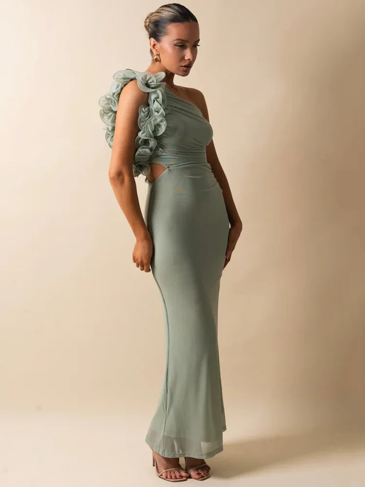 Delphina One Shoulder Ruched Maxi Dress with Floral Appliqué – Black or Green Wedding Guest Outfit