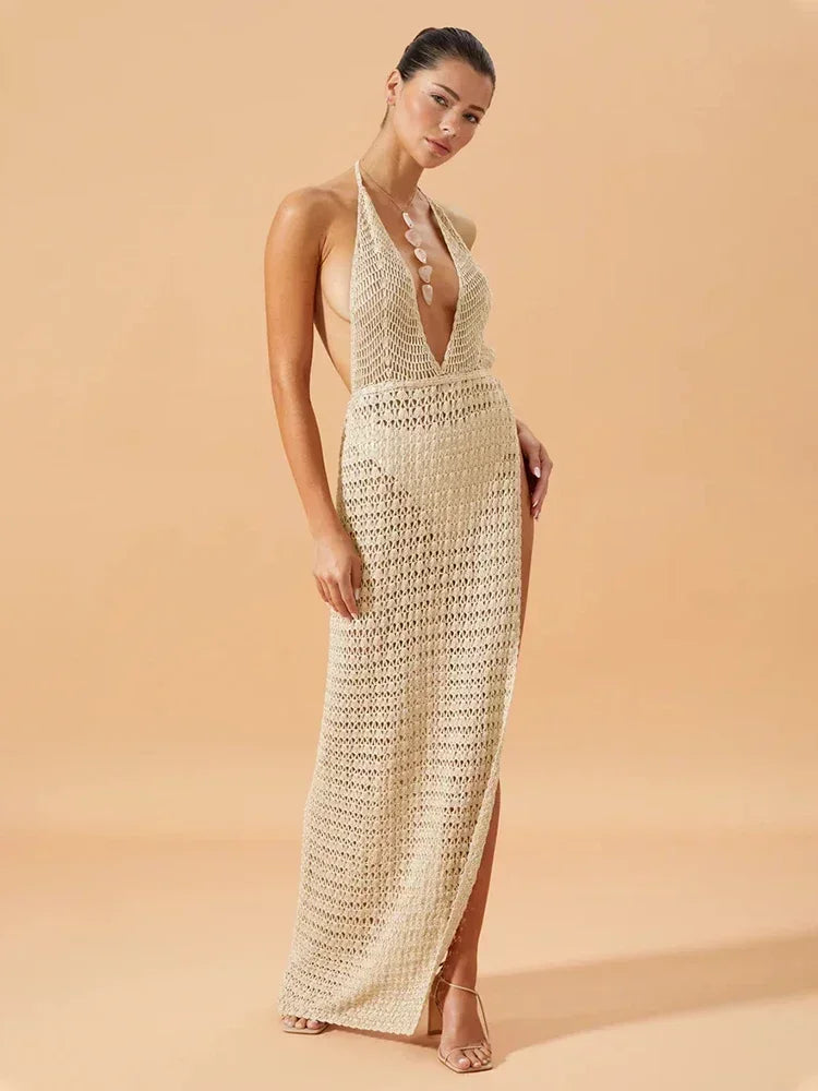 Varelle Crochet Halter Maxi Dress – Deep Plunge Beach Cover Up
