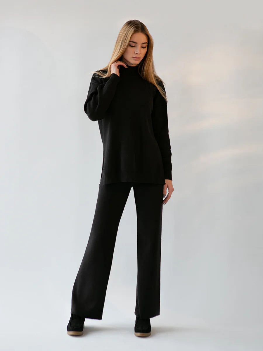 Zaneya Knit Co-Ord Lounge Set – Ribbed Turtle Neck Jumper and Wide Leg Trousers in Pink, White, Beige, Black or Green