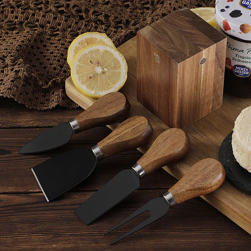 Acacia Wood Magnetic Cheese Knife Set – 5-Piece Stainless Steel Cheese Knives with Wooden Block Holder