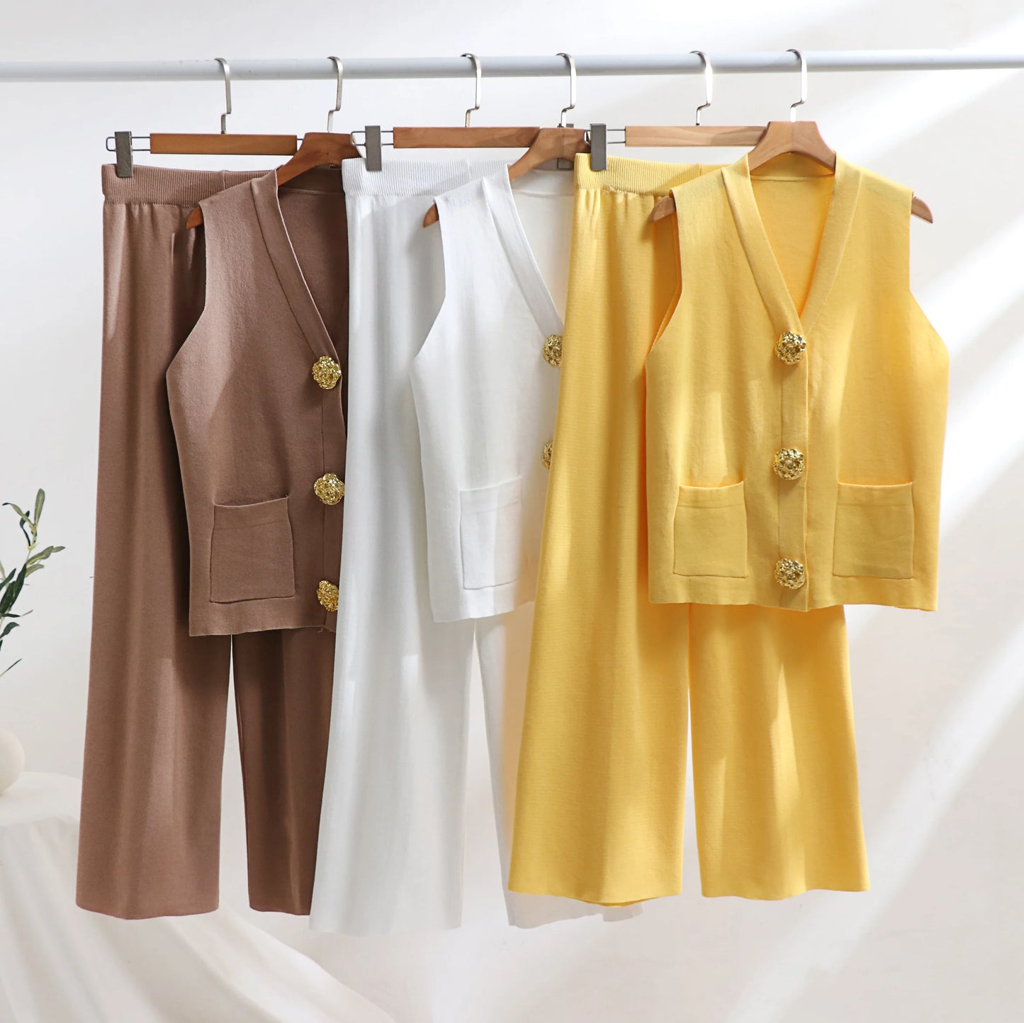 Solvaira Gold Button Knit Co-Ord Set – Sleeveless Knit Two Piece with Wide Leg Trousers for Summer & Holiday Outfits
