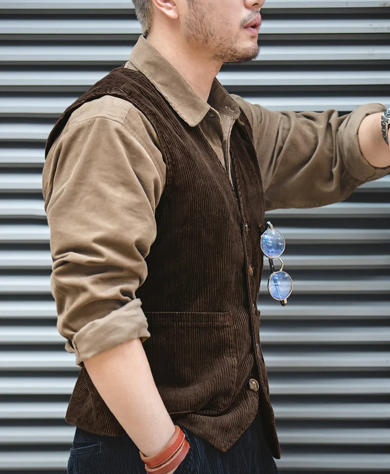 Wexley Men’s Corduroy Waistcoat – Button Front Vest with Adjustable Back Strap