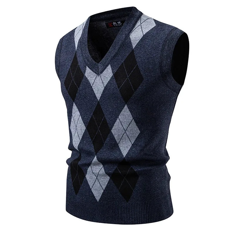 Men’s Argyle Knit Sleeveless Jumper Vest – Classic Diamond Pattern V-Neck Pullover