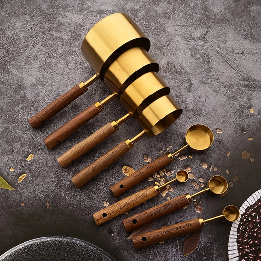 Wooden Handle Measuring Cups and Spoons Set - Stainless Steel Kitchen Baking Tools in 1Pc, 4Pcs or 8Pcs Silver, Black or Gold