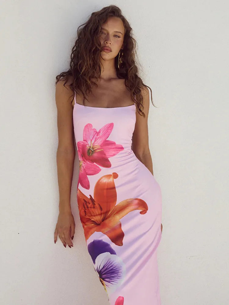 Camaria Floral Print Spaghetti Strap Maxi Dress – Summer Bodycon Holiday Gown in White, Pink, Black or Blue