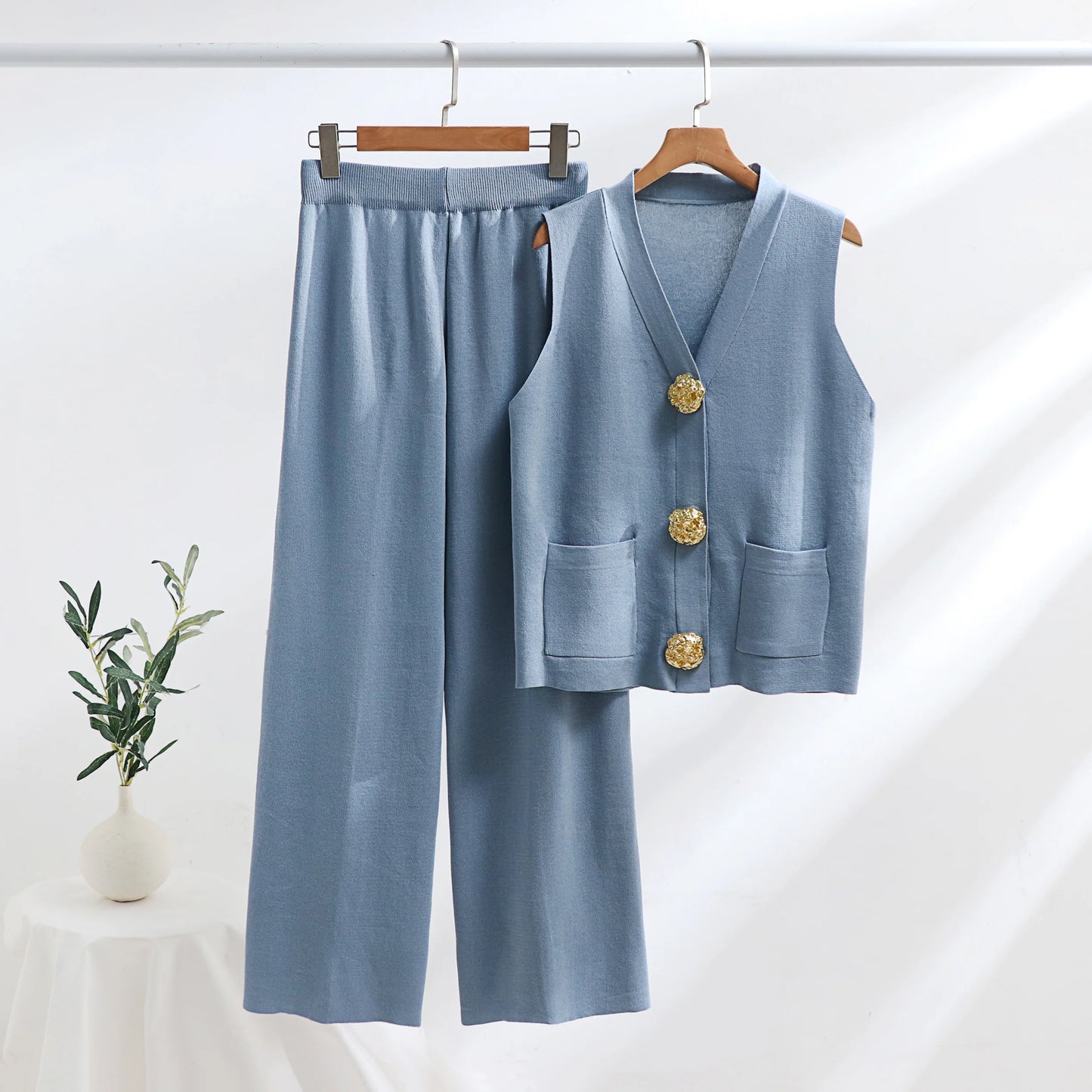 Solvaira Gold Button Knit Co-Ord Set – Sleeveless Knit Two Piece with Wide Leg Trousers for Summer & Holiday Outfits