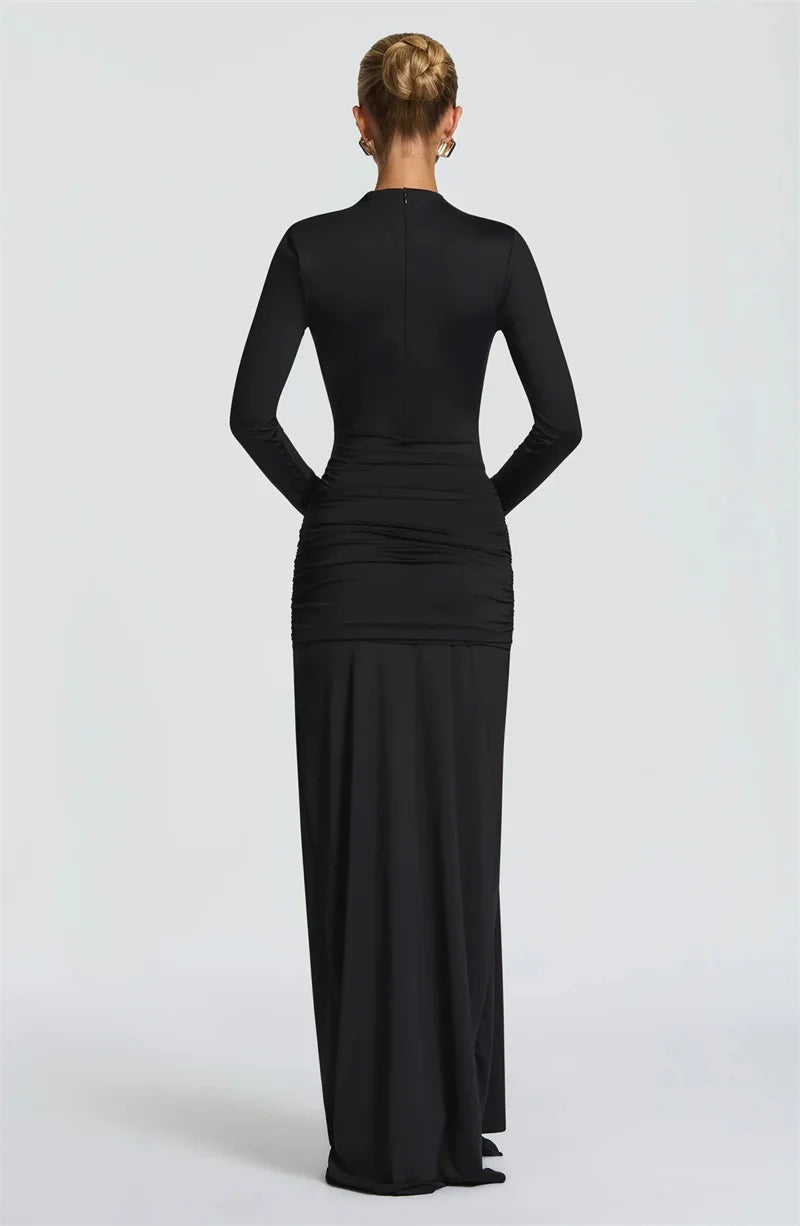 Elyndra Asymmetric Cut-Out Maxi Dress – Long Sleeve Draped Evening & Partywear Gown