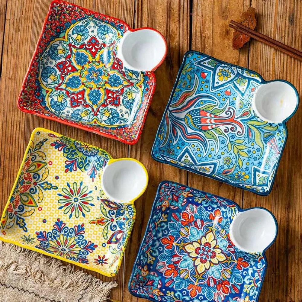 Zareli Ceramic Serving Dish with Sauce Holder – Tapas Plate for Table Serving