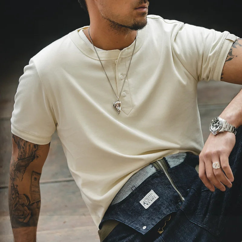 Henley Buttoned Short Sleeve T-Shirt – Premium Structured Fit Essential in Navy, Cream, Grey & Army Green