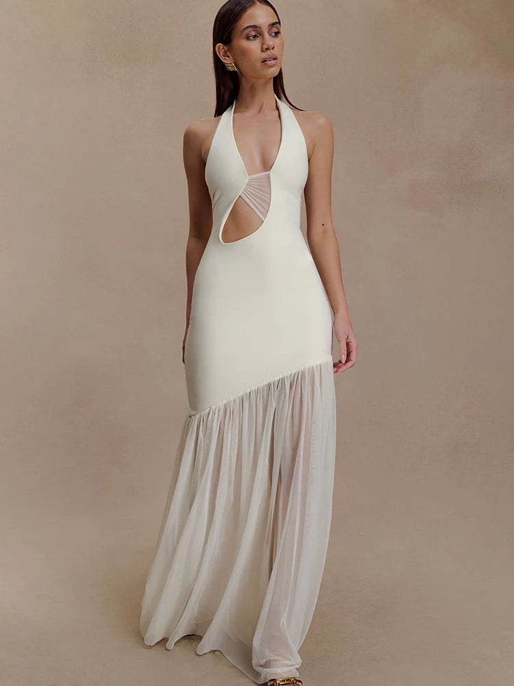 Maelisse Cut Out Halter Neck Maxi Dress – Elegant Evening Gown with Sheer Asymmetric Skirt