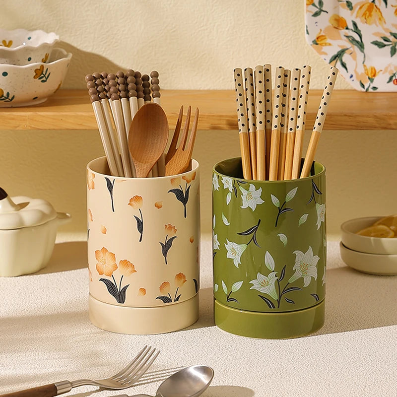 Floral Ceramic Kitchen Utensil Holder with Drain Tray – Cutlery Caddy, Chopstick Holder, Spoon & Fork Storage Jar