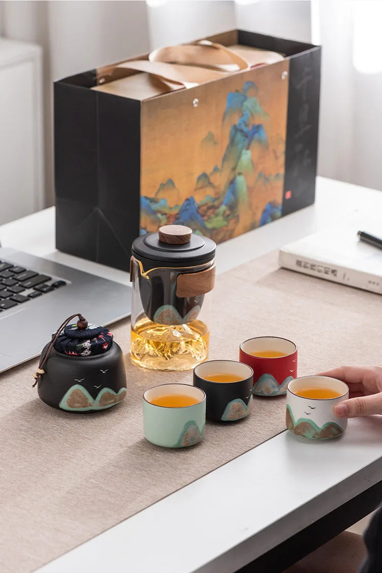 Hand-Painted Mountain Ceramic Tea Set with Tea Holder – 6-Piece Teapot & Four Cups Gift Box