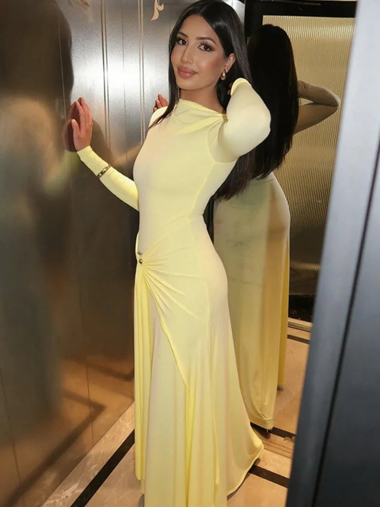 Solenza Draped Maxi Dress with Ruched Neck and Brooch Waist – Long Sleeve Evening Gown for Formal Events and Parties