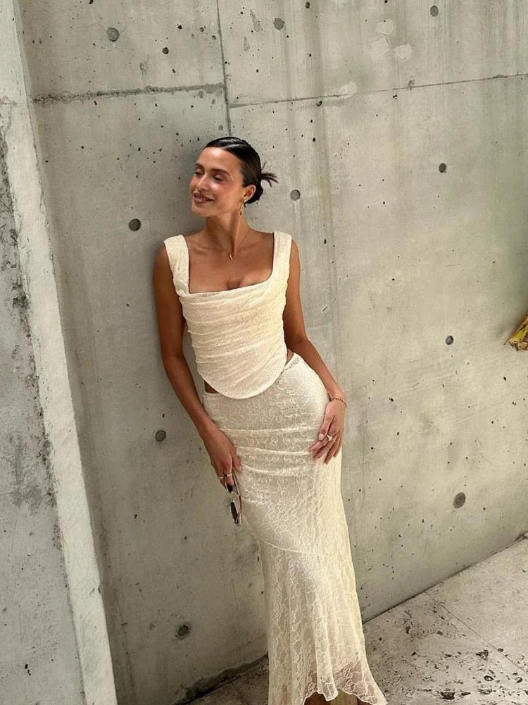 Mirelia Lace Two-Piece Co-Ord – Ivory Ruched Crop Top & Maxi Skirt Set for Party, Eveningwear & Wedding Guests