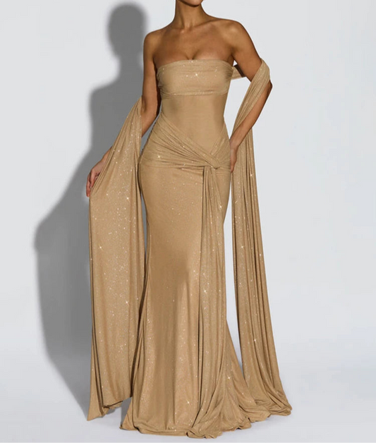 Soreina Strapless Glitter Maxi Dress – Black Tie Bodycon Gown with Drape Detail for Formal Parties & Evening Wear