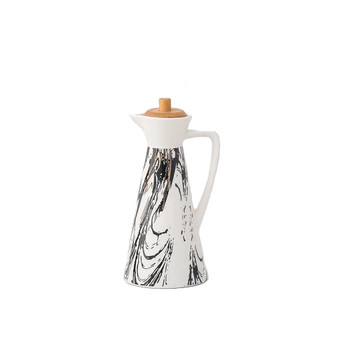 Ceramic Oil and Vinegar Dispenser Bottle with Wooden Lid – Modern Drizzle Jug for Olive Oil & Dressing
