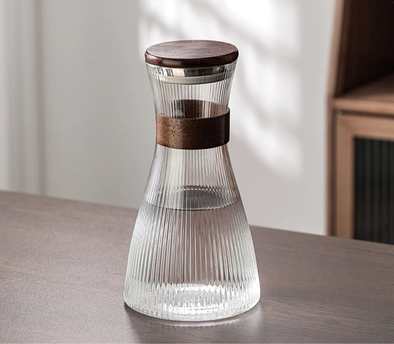 Ribbed Glass Carafe & Tumbler Set with Wooden Lid, Stand and Tray – Elegant Water & Juice Pitcher for Dining and Entertaining