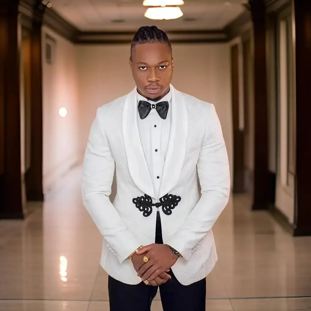 Carrington Men’s White Jacquard Shawl Lapel Blazer – Slim Fit Formal Evening Dinner Jacket Wedding Tuxedo