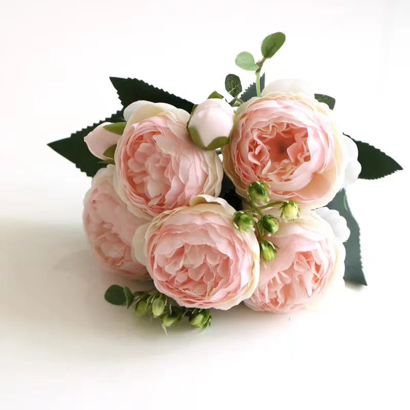 Peonelle Silk Peony Flower Bundle – 5 Head Faux Peony Stem with Buds Decorative Floral Arrangement