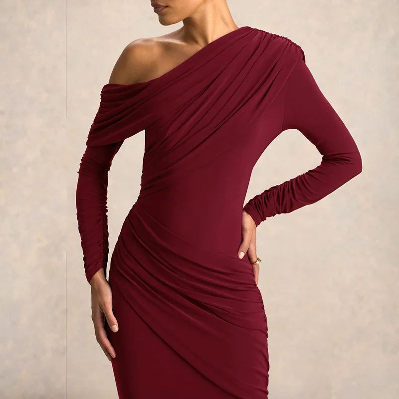 Calyssa Asymmetric One-Shoulder Ruched Maxi Dress – Long Sleeve Eveningwear & Wedding Guest Gown