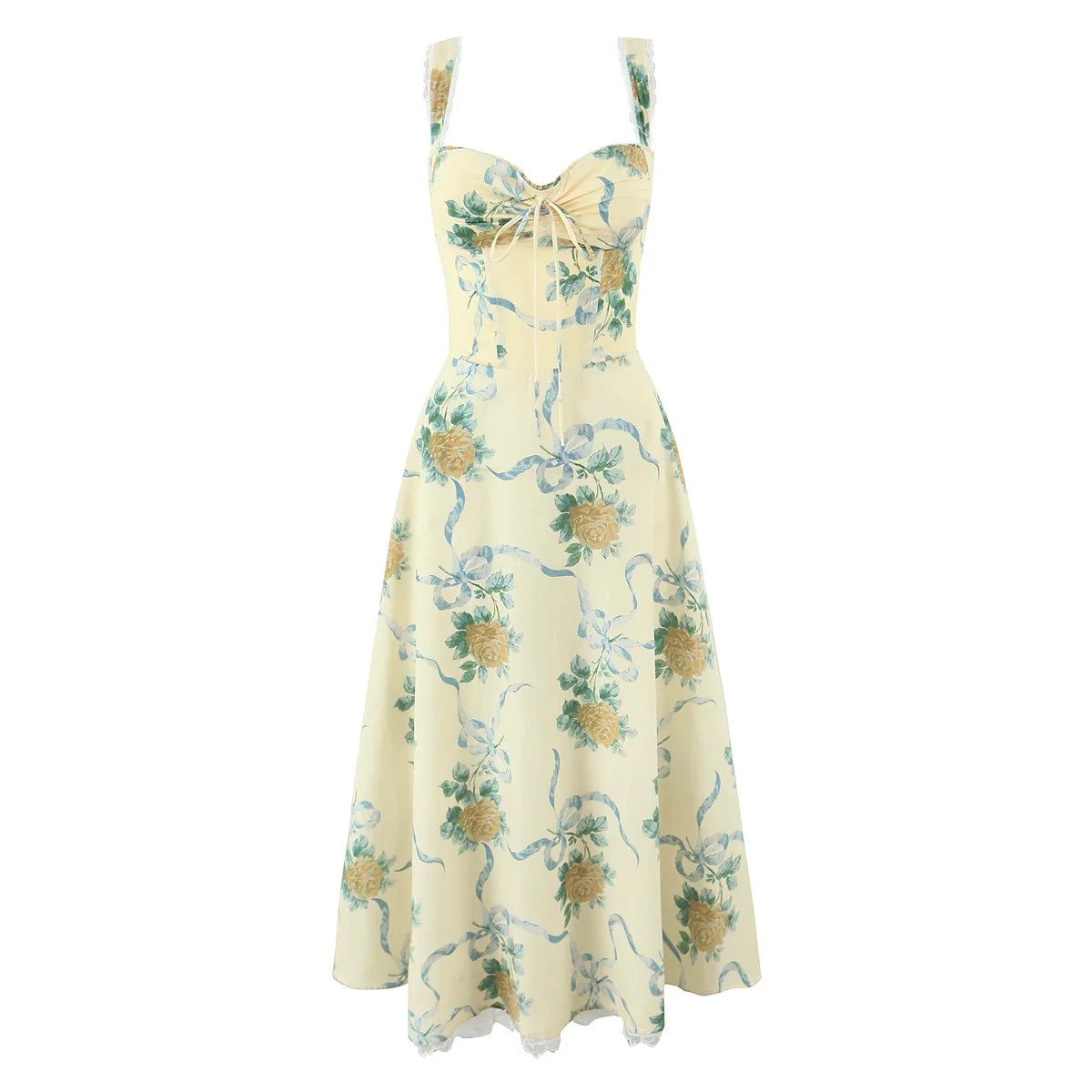 Saphira Floral Corset Maxi Dress – Soft Pink or Lemon Yellow Summer Occasion Dress with Tie Front Bodice