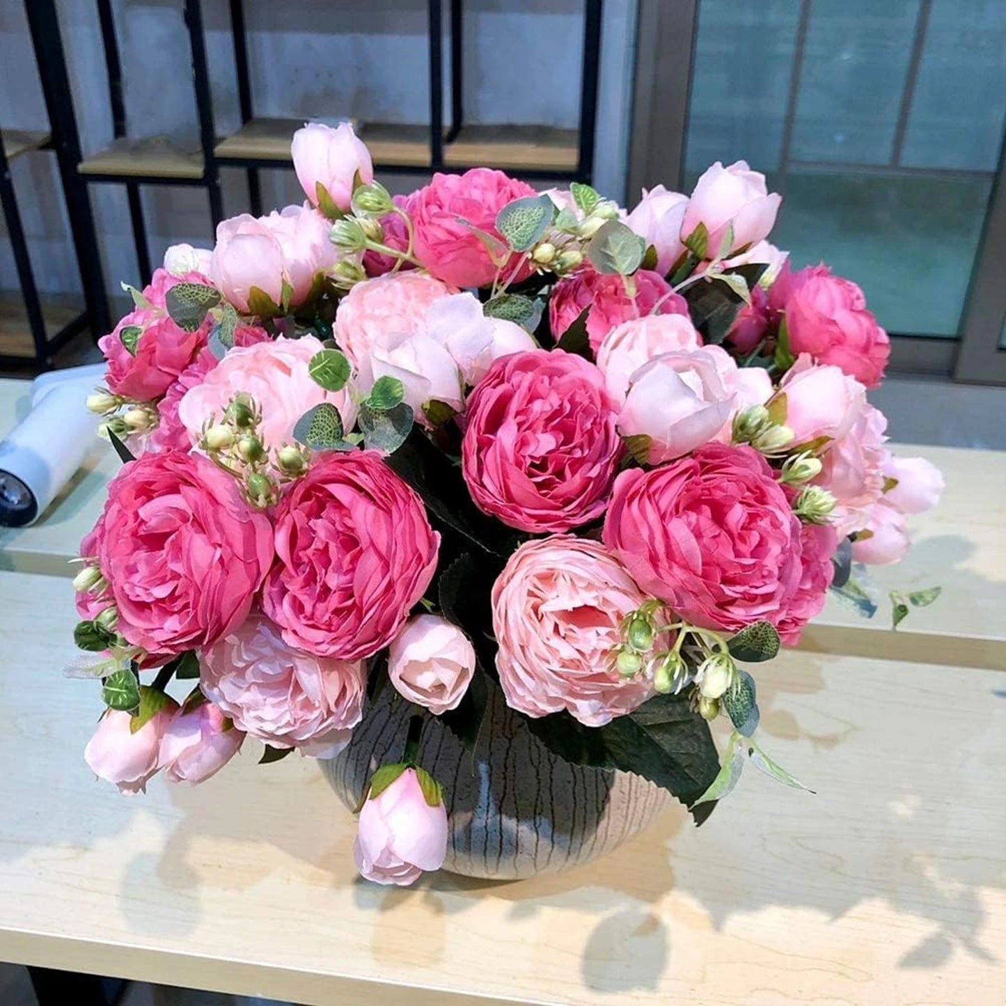 Peonelle Silk Peony Flower Bundle – 5 Head Faux Peony Stem with Buds Decorative Floral Arrangement