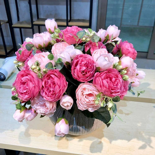 Peonelle Silk Peony Flower Bundle – 5 Head Faux Peony Stem with Buds Decorative Floral Arrangement