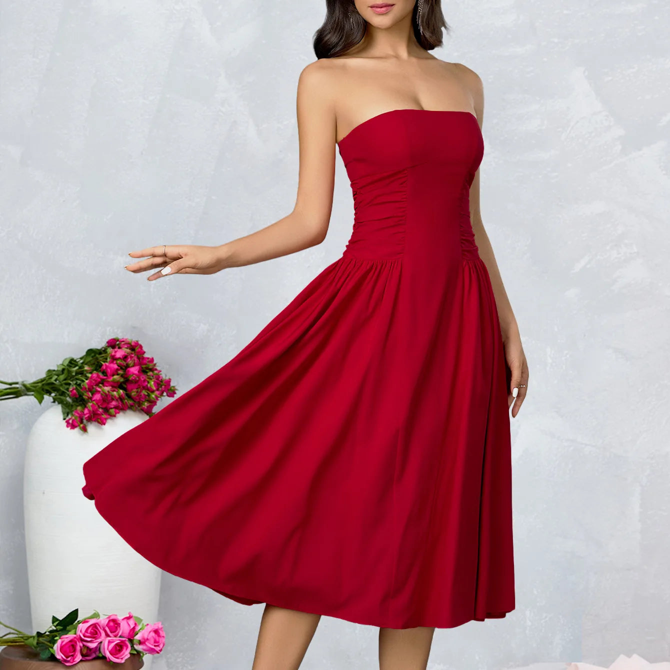 Selaris Strapless Fit and Flare Midi Dress – Strapless Evening Midi Occasion Dress for Women