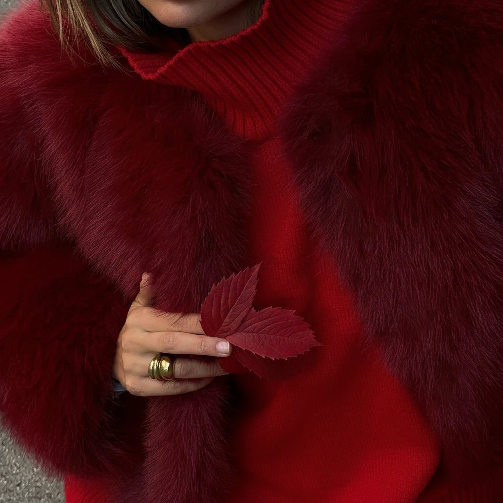 Noelinne Cropped Faux Fur Jacket – Women’s Red Fluffy Faux Fur Coat for Winter Outfits, Festive Evenings & Party Season Style