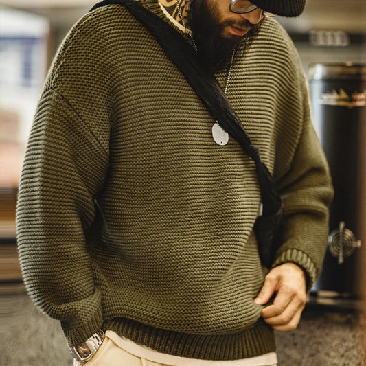 Relaxed Textured Knit Crew Neck Jumper – Oversized Fit Ribbed Hem Men’s Pullover