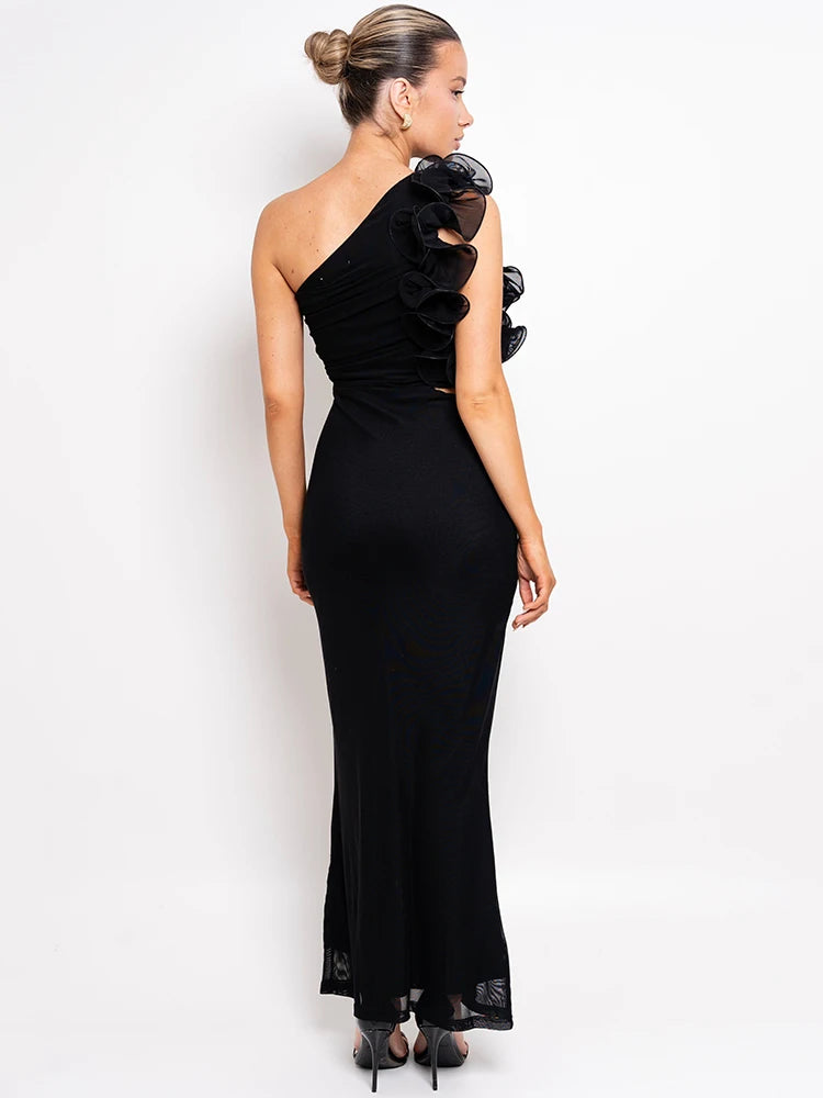 Delphina One Shoulder Ruched Maxi Dress with Floral Appliqué – Black or Green Wedding Guest Outfit