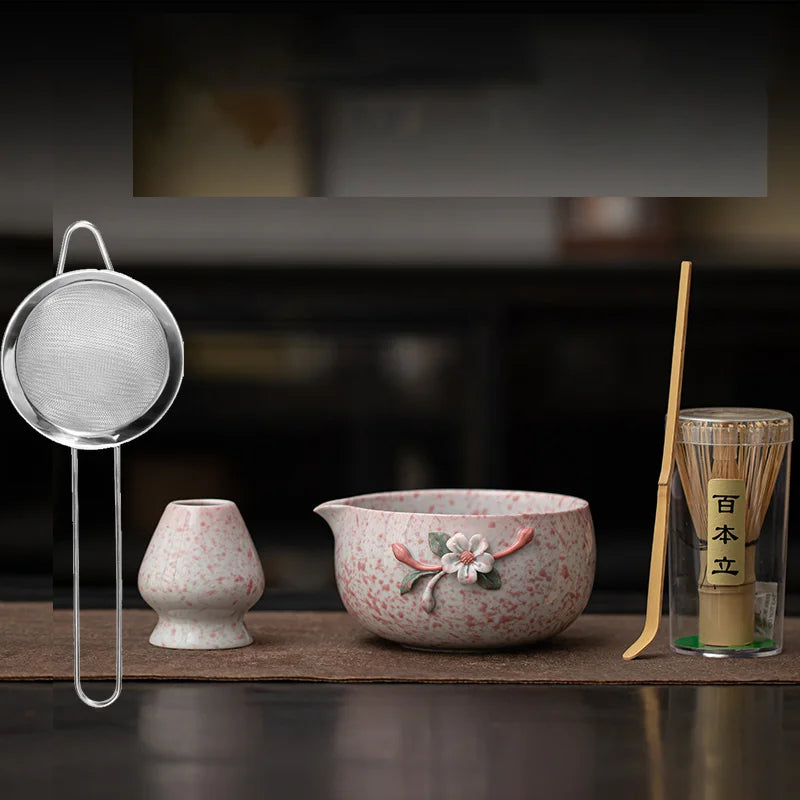 Blossom & Flecked Glaze Matcha Whisk Gift Set – Japanese Matcha Tea Set with Bamboo Whisk, Bowl & Accessories