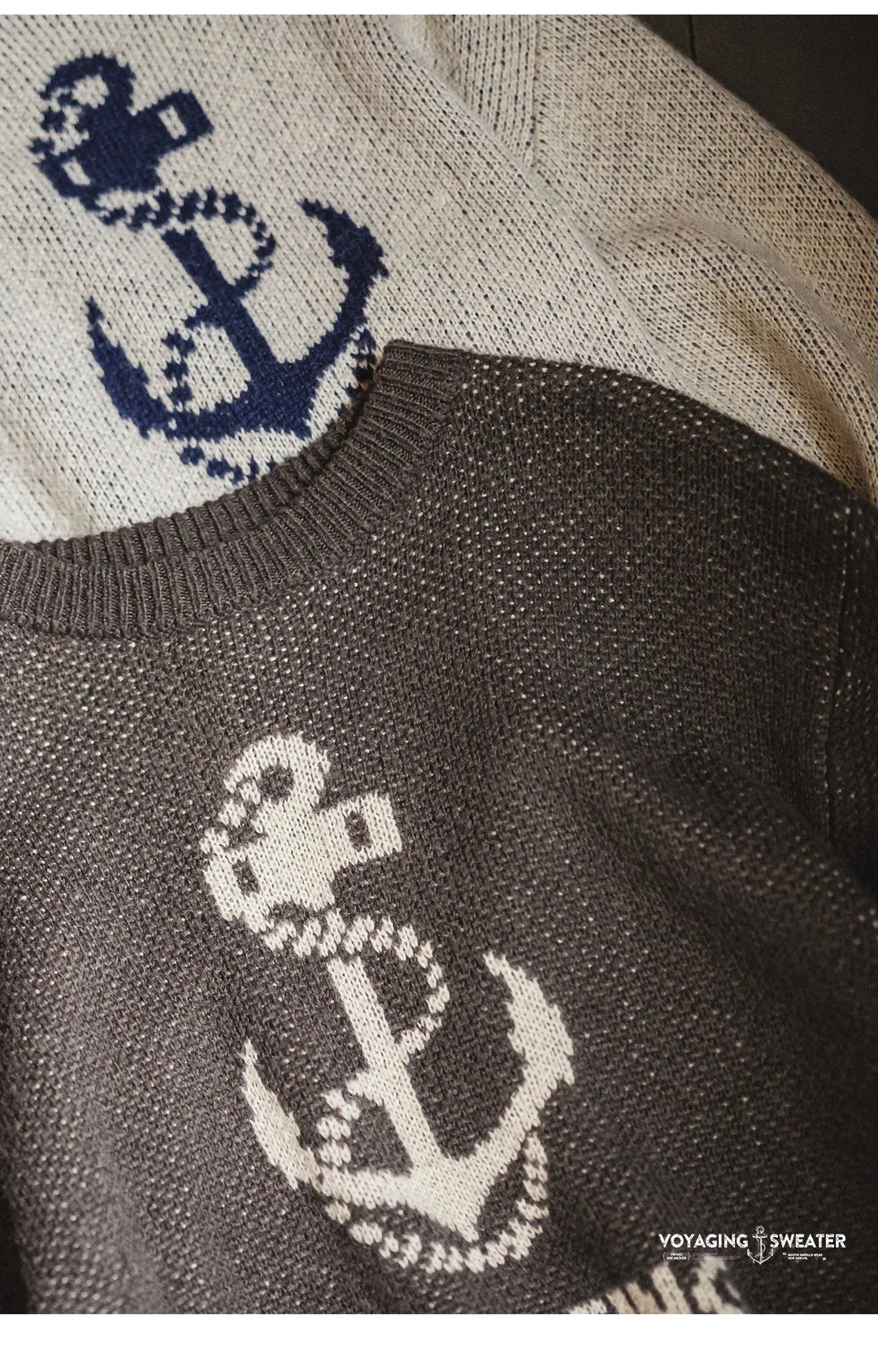 Branford Men’s Anchor Knit Sweater – Graphic Round Neck Pullover for Autumn Winter Layering