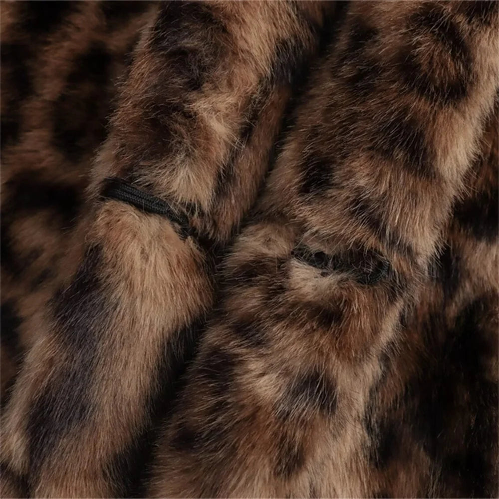 Corvelle Faux Fur Winter Jacket – Soft Plush Leopard Print Coat with Long Sleeves and Lapel Collar