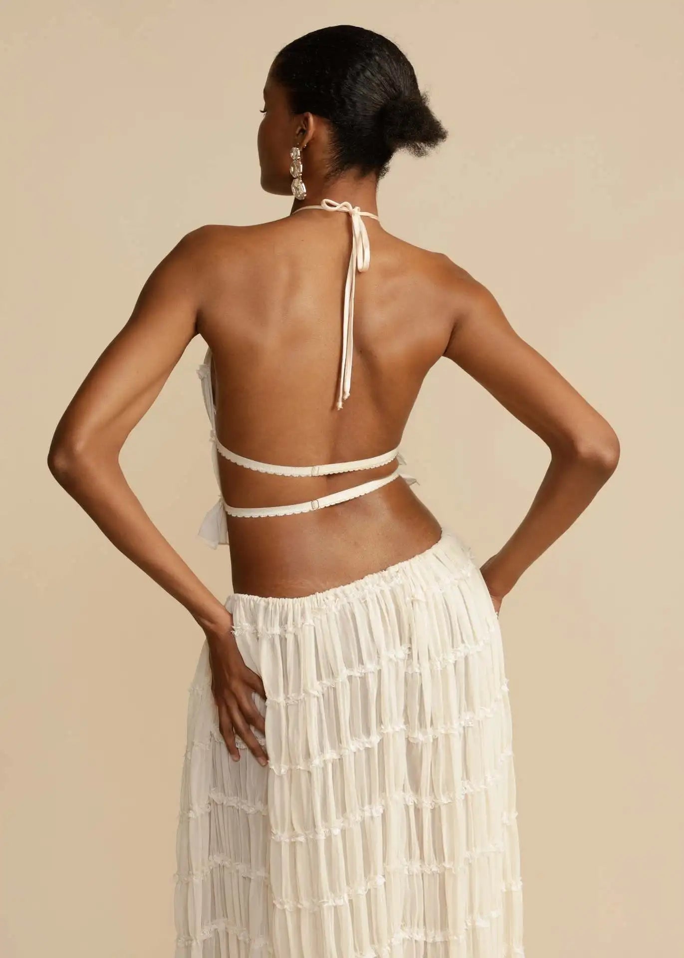 Averra Ruched Backless Co-Ord Set – Cream Halter Top and Maxi Skirt Two Piece Summer Holiday Outfit